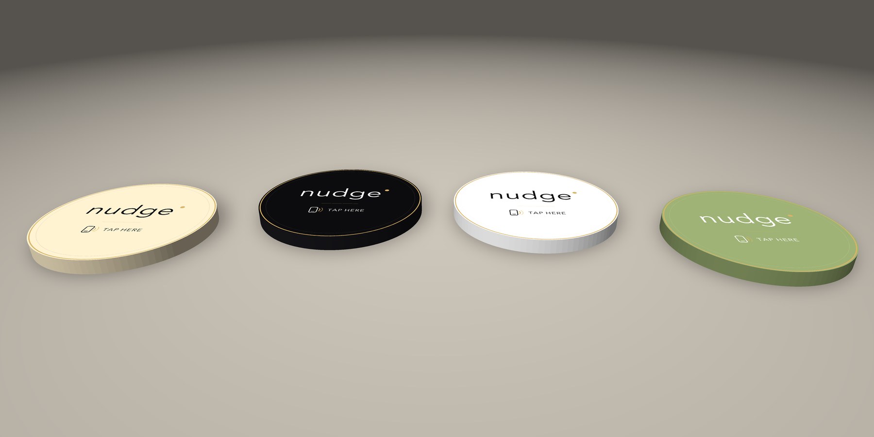 Four Nudge Tags plaques in sand, ink, chalk and olive